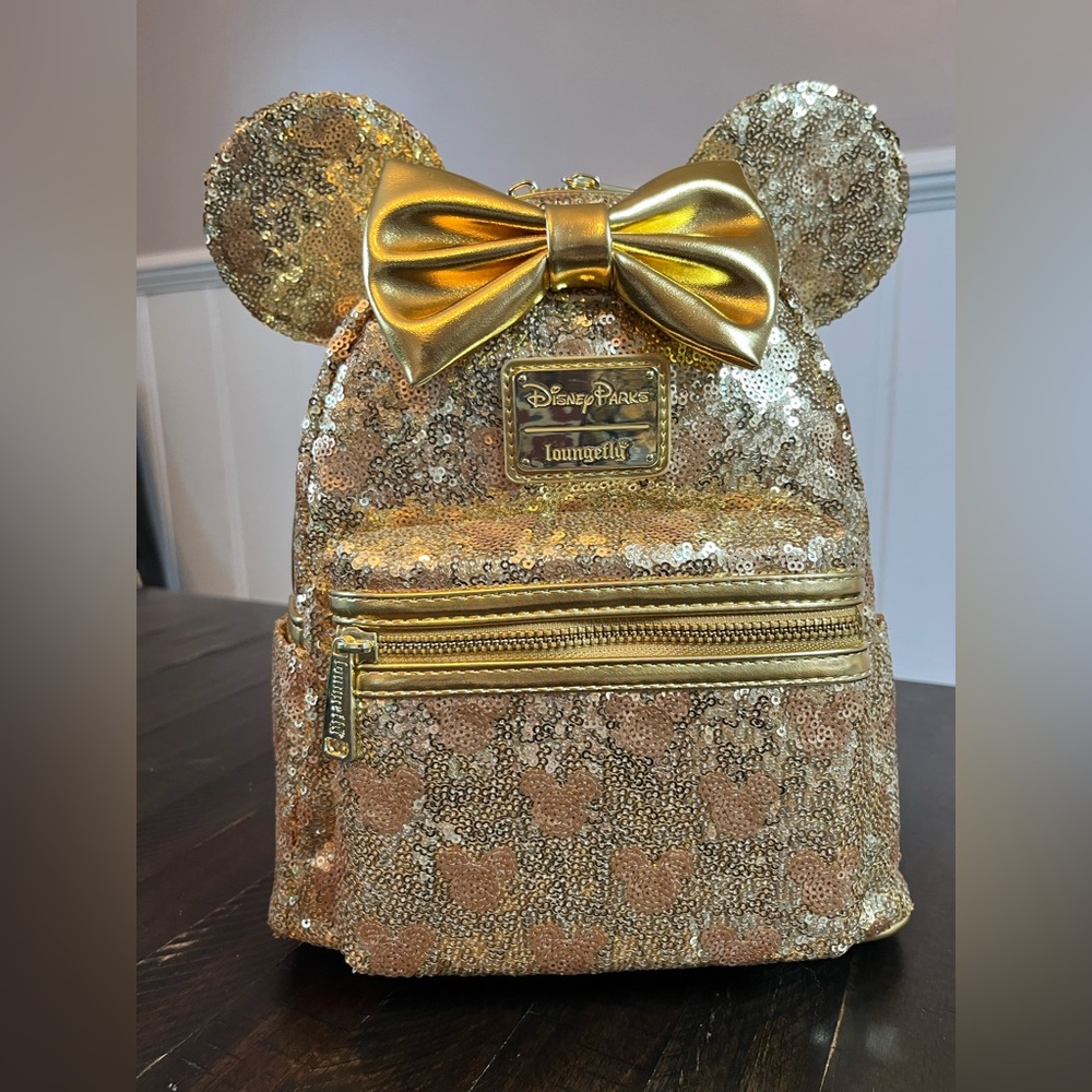 Disney Parks Loungefly Gold Sequin Minnie/Hidden Mickey Mini Backpack